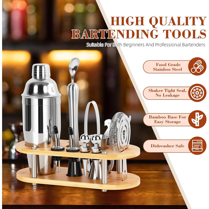 Набір для коктейлів FoiiLiio 12 шт. з шейкером 750 мл та аксесуарами для бару, нержавіюча сталь, з бамбуковим підставкою для дому, SHAKER-12P