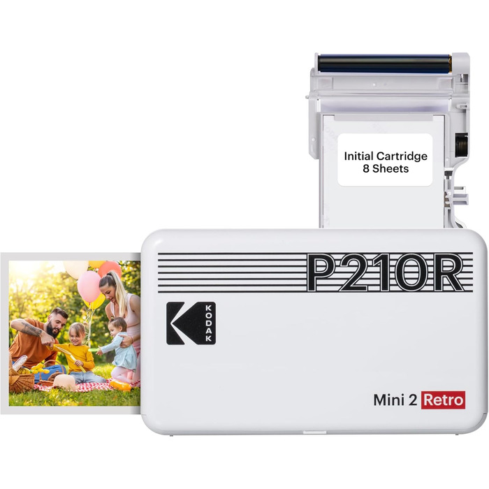 Фотодрук Kodak Mini 2 Retro: компактний мобільний принтер Bluetooth, 5.3x8.6 см, комплект з 38 картками, білий
