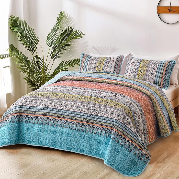 Ковдра стеганий богемний WONGS BEDDING, розмір King, 261,6 x 228,6 см, жовтогарячий, мікрофібра, 3 шт. (King, Рожевий, Синій)