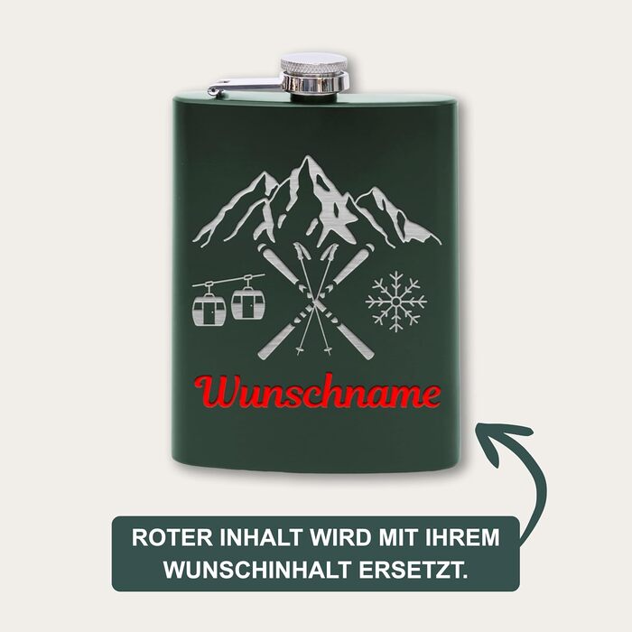 Фляга з нержавіючої сталі з гравіюванням Flanacom, 227мл (8oz), з воронкою. Ідеальний подарунок для гірськолижників та чоловіків. Персоналізована гравіюванням (дизайн 6, зелений).