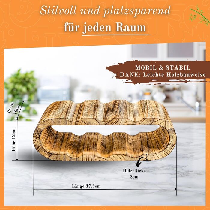 Rustic Wine Rack Wood Charred - Wooden Bottle Rack for 6 Bottles, 2 Tiers - Timeless Design, Gently Oiled - Narrow Wine Rack for Kitchen, Dining Room, Living Room