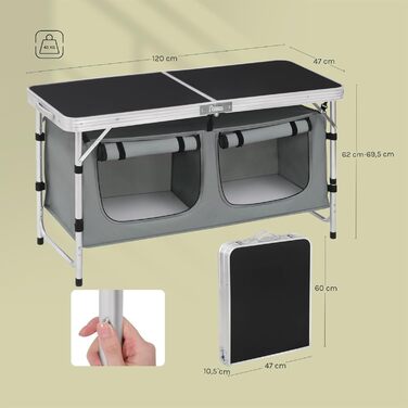 Складний алюмінієвий кемпінговий стіл-шафа WOLTU з регульованою висотою, чорно-сірий. Меблі для пікніка, пляжу, саду.