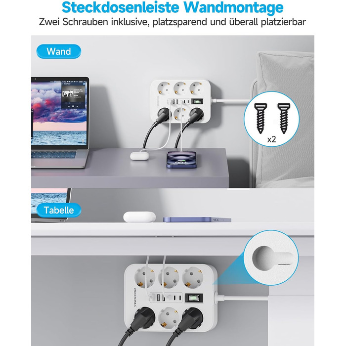 Мережевий фільтр 6-фазовий з USB (3 USB-A, 3 USB-C), з вимикачем та 2м кабелем, захист від перенапруги, чорний (2м білий)