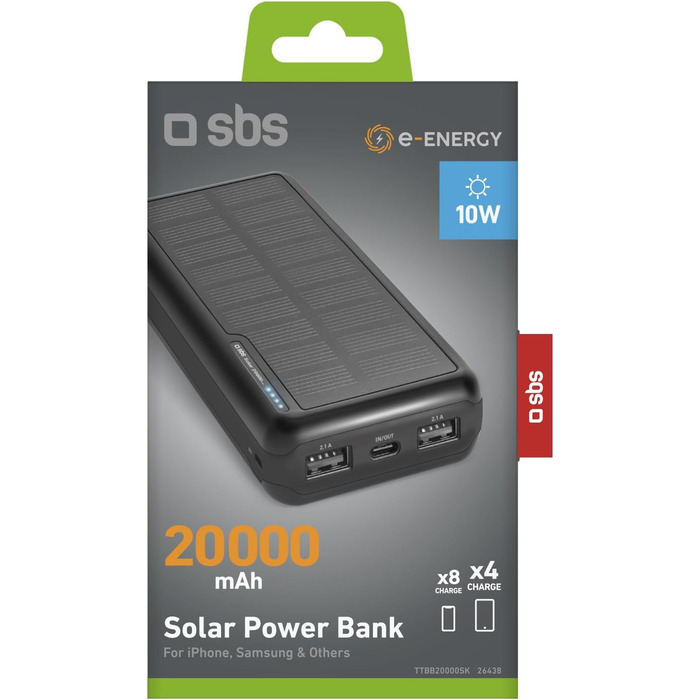 Powerbank SBS Solar 20000mAh з сонячною панеллю, швидкою зарядкою, LED-індикатором, USB-C, USB-A, чорний