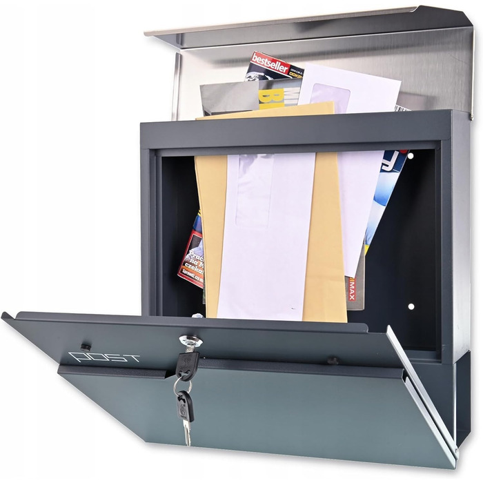 Поштова скринька Verda Anthracite з газетницею, порошкове покриття AkzoNobel, 2 ключі, табличка з ім'ям, дизайнерська настінна поштова скринька з нержавіючої сталі