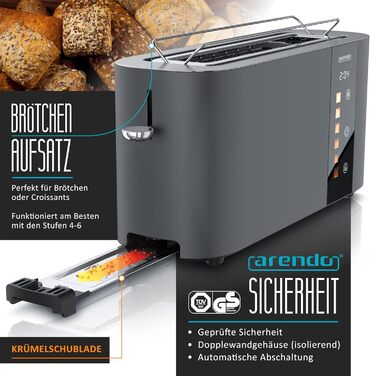 Тостер Arendo з нержавіючої сталі, 2 відділення, довгий проріз, сенсорний дисплей, подвійні стінки, насадка для тостів, 6 ступенів підсмажування, центрування хліба, індикатор часу, функція пам'яті, чорний (B: Cool Grey)