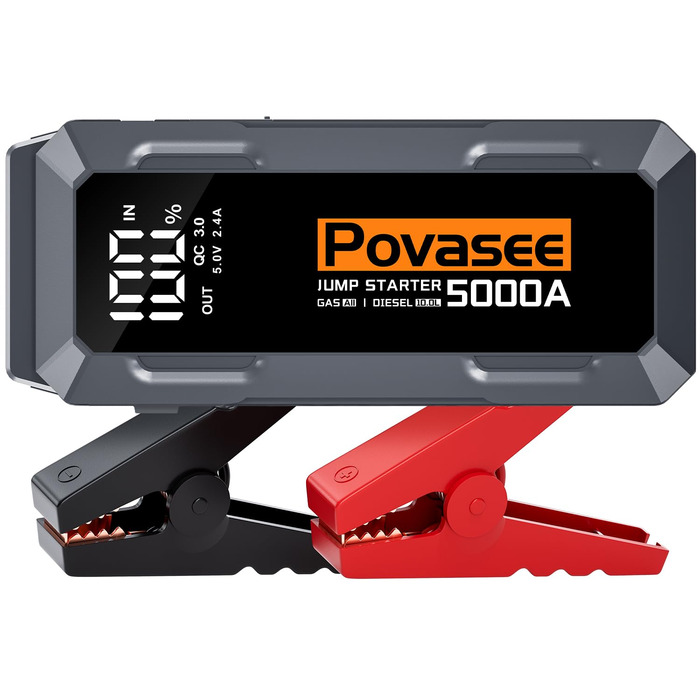 Портативний пусковий пристрій Povasee Starthilfe Powerbank для автомобілів 12V (до 10л бензину/8л дизеля) з LED, USB, 5000A, LCD дисплеєм