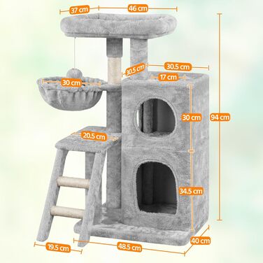 Yaheetech Cat Tree 94 cm high, Cat Climbing Tree for Cats, with Sisal Posts, Caves, Large Platform, Basket, Plush Balls, Light Grey