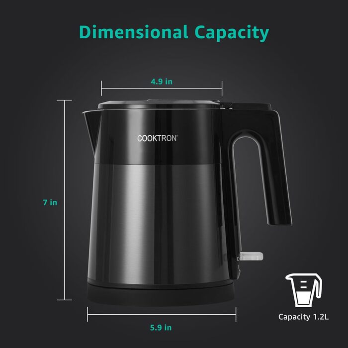 Електричний чайник Cooktron з нержавіючої сталі, 1.7л, тихий (<30дБ), без BPA, Cool Touch, подвійні стінки, швидкий нагрів