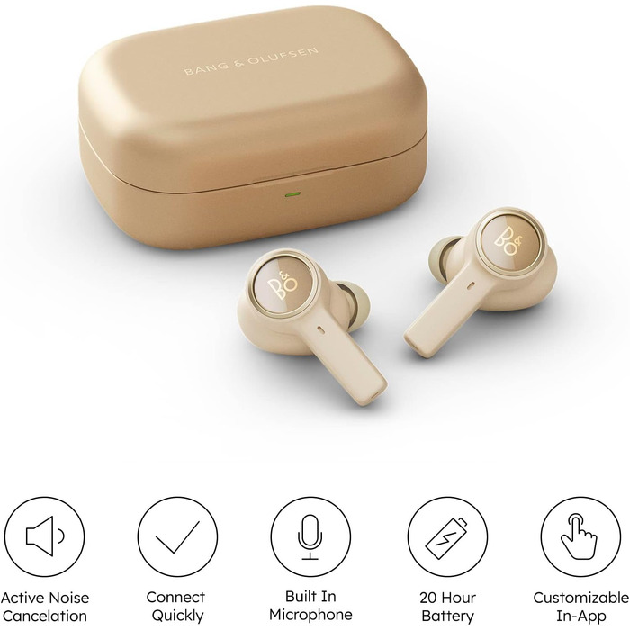 Bang & Olufsen Beoplay EX: Бездротові Bluetooth навушники з шумозаглушенням, чорного кольору (золотисті акценти), до 28 годин роботи, водонепроникні для спорту та повсякденного використання з зарядним кейсом