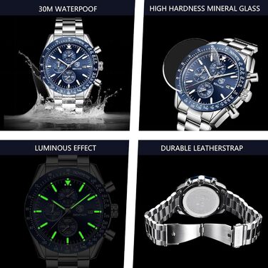 Годинник чоловічий BENYAR з хронографом, кварцовий, водостійкий 30M, з датою, для активного відпочинку, спортивний, шкіряний (блакитний)