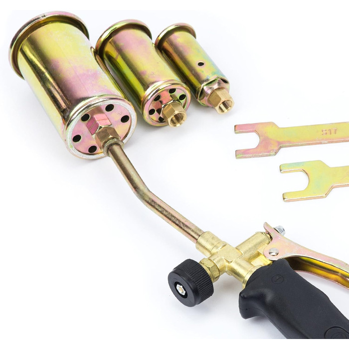 Gas burner roof burner 3-piece set with hose (1.5 m) gas soldering device, torch burner, gas pressure regulator 4 bar with adapter, 3 burner attachments: Ø 25 mm, Ø 35 mm, Ø 50 mm, up to 1850 °C SN0286R