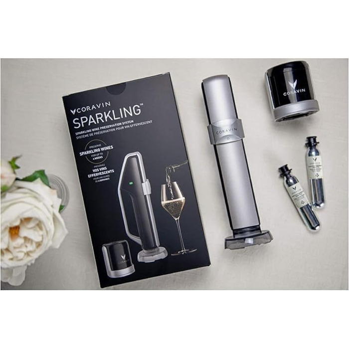 Coravin Sparkling Wine Preservation System - Preserve Sparkling Wine for 4 Weeks - Sparkling Wine Saver - with pure sparkling wine CO2 gas capsules - for Champagne and other sparkling wines