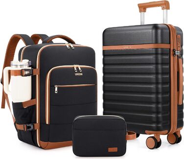 Набір валіз UKEIN 3 шт. з жорстким корпусом, для подорожей, з TSA замком та спіннер колесами. Включає рюкзак та косметичку. (Чорний/Коричневий)