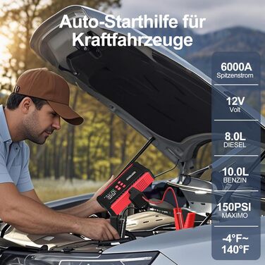 Портативний акумулятор для запуску авто 7000A з компресором 150PSI, 12V. Запуск бензинових (8л) та дизельних (10л) двигунів, прикурювач, LED ліхтарик.