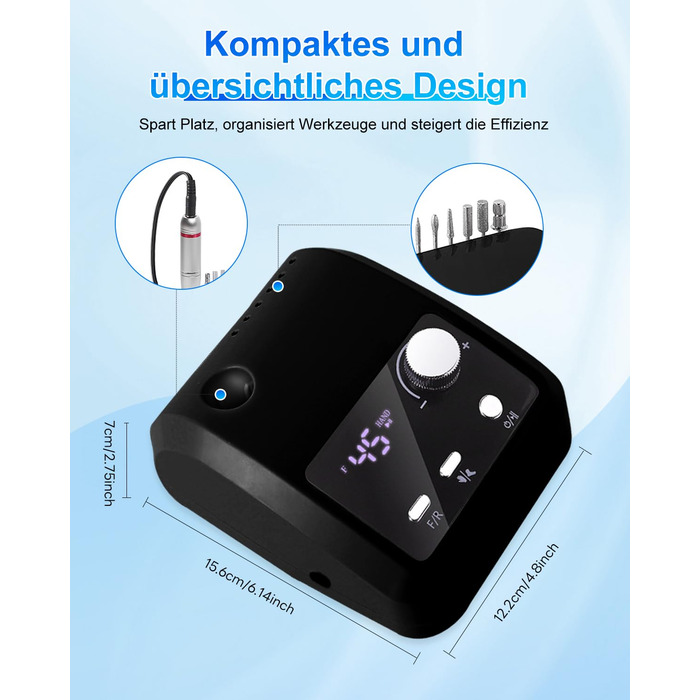 Електричний фрезер для нігтів CozyZen Professional: набір для манікюру та педикюру з LCD-дисплеєм, 45000 об/хв, для акрилу та гелю