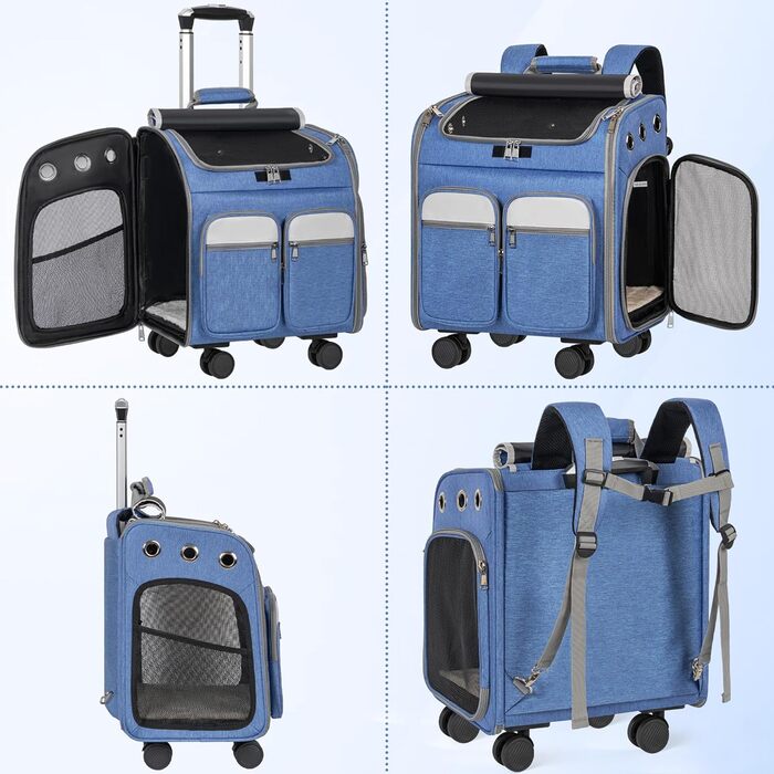 Сумка-переноска для тварин на колесах, для котів та маленьких собак, 4-в-1, рюкзак, сумка-переноска, дихаюча, хакі (блакитна)