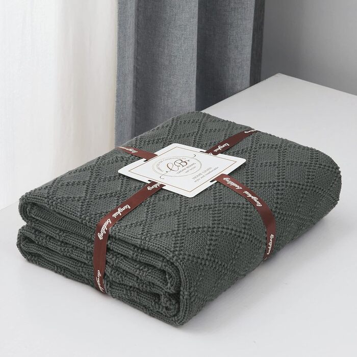 Бавовняна ковдра Longhui з в'язаним візерунком для дивану, крісел, ліжка, пляжу, декору інтер'єру, сірого кольору, 127 x 152 см. Подарунок - тканинна сумка.