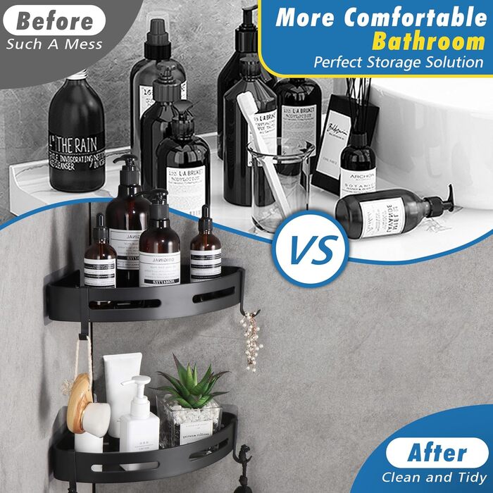 GRICOL Shower Caddy Corner Shelf Shower Shelf No Drilling Metal with 4 Hooks Shower Storage Bathroom Shelf with Sticker Bathroom Shelf for Bathroom and Kitchen 2 Tiers Black