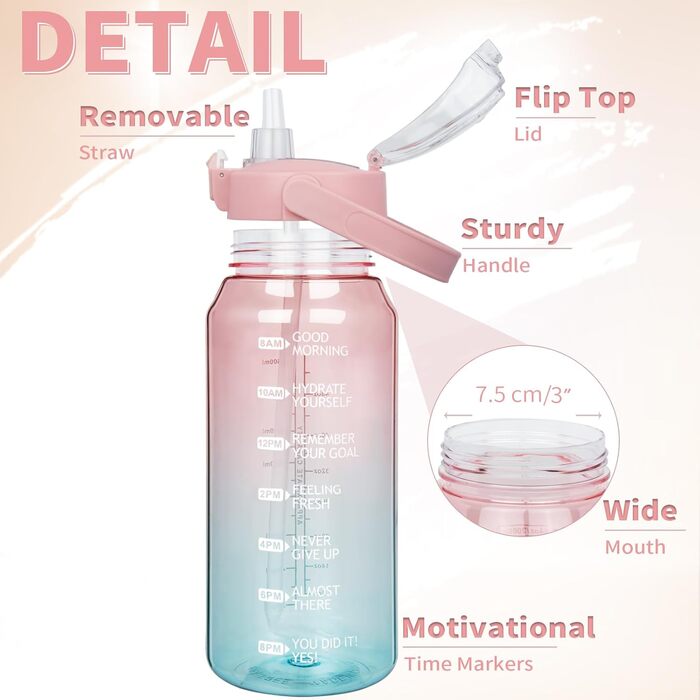 2L Tritan Water Bottle with Straw & Time Marker 2 liter BPA-free Motivational Water Bottle with Clock Large Sports Bottle for Gym, Fitness, Hiking (Transparent Rose / Cyan)