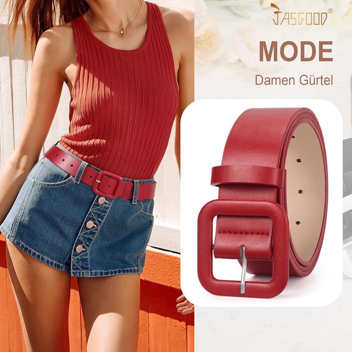 Жіночий шкіряний пояс JasGood широкого крою, колір: червоний, довжина 120 см (під талію 88-100 см)