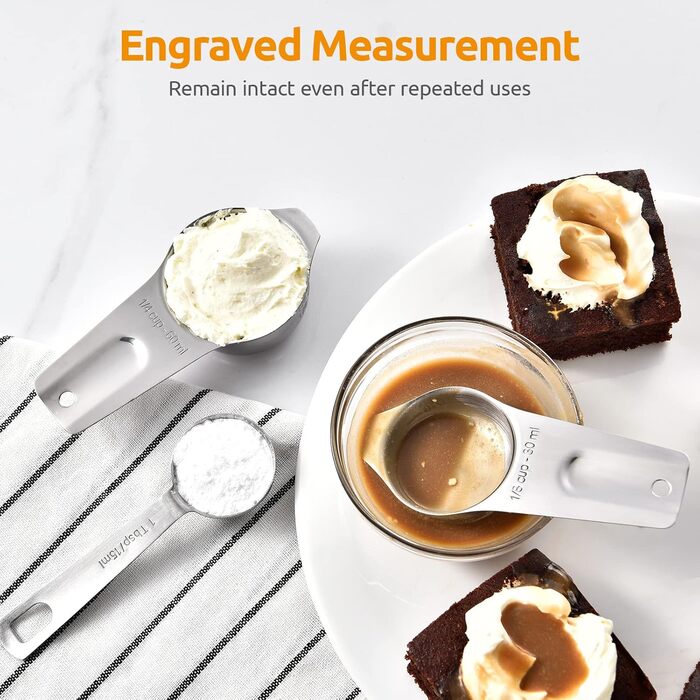 U-Taste Measuring Cups and Spoons with Scale, 15 Piece Set Made of 18/8 Stainless Steel: 7 Cup Beakers & 7 tsp/tbsp Measuring Spoons with 2 D-Rings and 1 Professional Magnetic Conversion Chart (Silver)