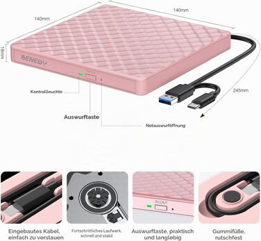 Зовнішній DVD-привід USB 3.0 та USB-C, CD/DVD гравір для ноутбука та ПК (Windows, Mac OS, Linux), Рожевий