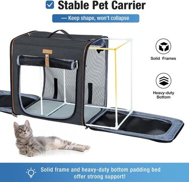 Транспортна переноска для собак та котів середнього розміру 2-в-1, чорна. З туалетом, мисками та матами. Складана переноска з міцного каркасу.