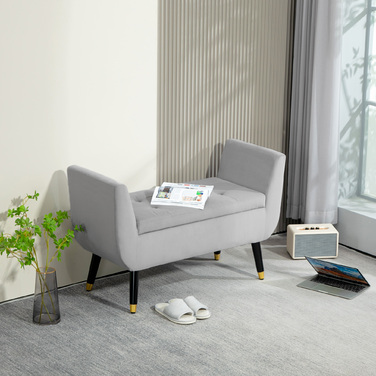 HOMCOM Luxury Bench, Upholstered Bench with Storage, Armrests, Trunk Bench, Velvet-like Polyester, Rubberwood, Light Gray, 107 x 42 x 65 cm | Aosom