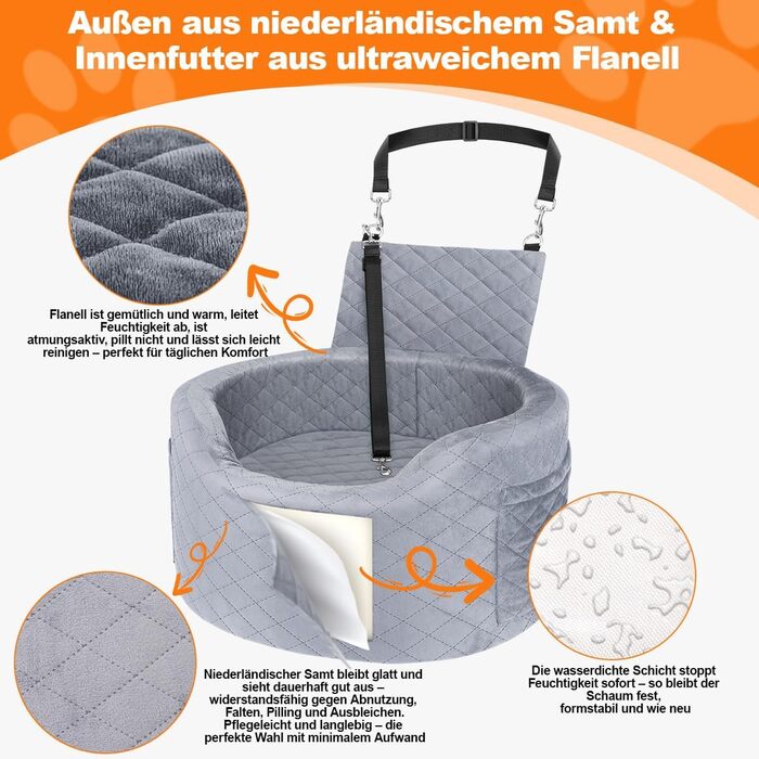 Автокрісло для собак - чорне автокрісло-бустер для маленьких собак з 28D Memory Foam, неслизька та водонепроникна підкладка, переносна клітка з кишенями для зберігання та ковдрою, чорний (02-Сірий)