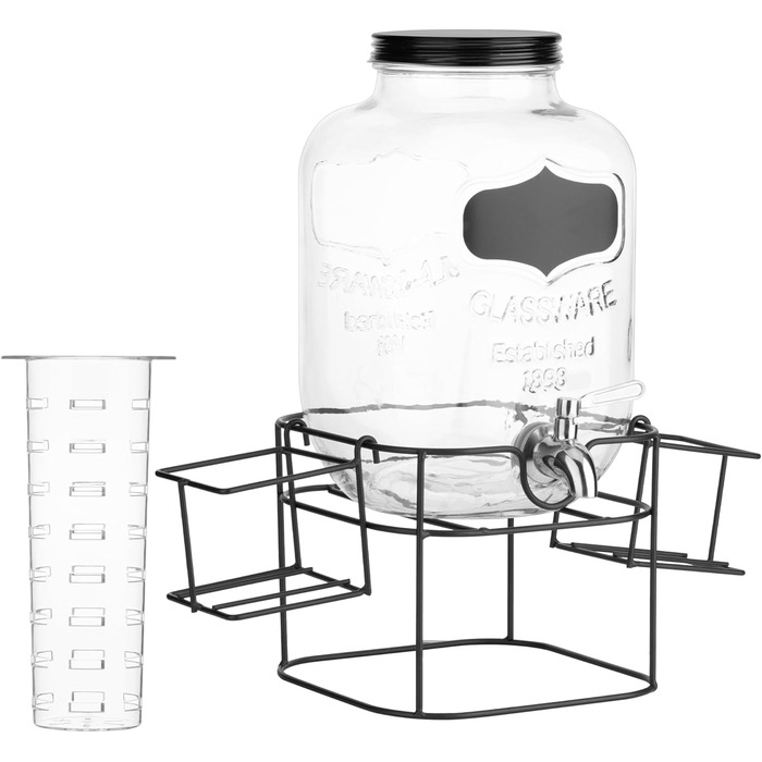 Navaris 5 Liter Glass Drink Dispenser with Drink Holder - Stainless Steel Spigot and Stand - Glass Water Dispenser for Cold Drinks - Black