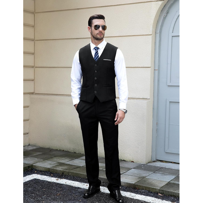 Жилет чоловічий Weste Herren однобортний Slim Fit V-подібний виріз однотонний чорний S-3XL