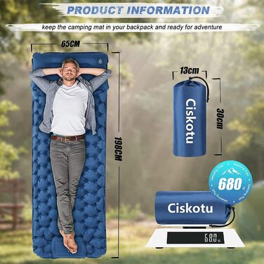 Килимок туристичний самонадувний Ciskotu 8 см з подушкою для кемпінгу, пікніків та подорожей (синьо-сірий)