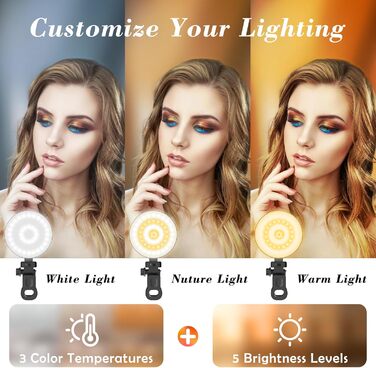 LED кільцева лампа для смартфона та ноутбука, світло для селфі з 3 колірними температурами та 5 рівнями яскравості, USB світло для відеоконференцій, Zoom, YouTube, TikTok, макіяжу, фотографії