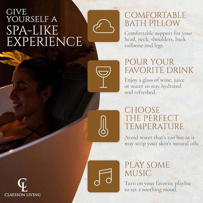 Подушка для ванни для всього тіла 125x43см, килимок для ванни з підголовником, підтримка шиї, спини та ніг. З мішком для прання та сумкою для подорожей, гачками для швидкого сушіння. Чорний колір.