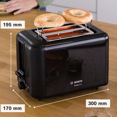 Bosch Compact Toaster DesignLine TAT3P423DE, Integrated Stainless Steel Bread Roll Attachment, With Automatic Shut-off, With Defrost Function, Perfect for 2 Slices of Toast, Lift Function, Wide, 970 W, Black Polished/Black Front Painted Single