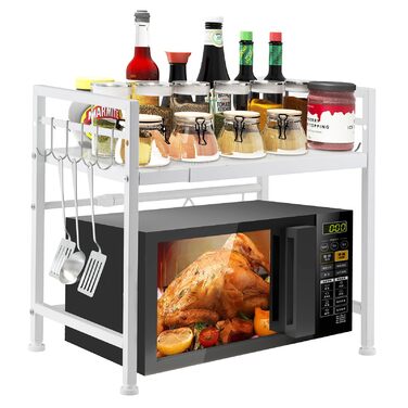 Розширювана підставка для мікрохвильової печі 2-ярусна, органайзер з вуглецевої сталі, кухонна полиця з 10 гачками для тостера та аірфрая (білий)