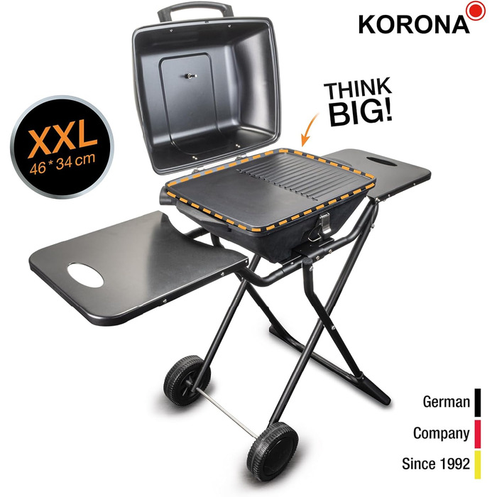 Електричний гриль Korona 46221 XXL 2200 Вт з великим гриль-решіткою 51x30 см, захистом від вітру, індикатором, роликами та плавним регулюванням температури