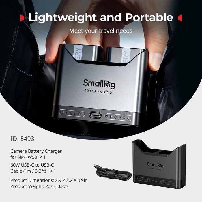 Зарядний пристрій SMALLRIG NP-FW50 для Sony (2 слоти, USB-C, 11W) - A6000, A6100, A6300, A6400, ZV-E10, A7, A7S, A7R