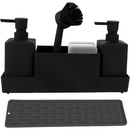 CAUTIOUS 350ML Sink Organizer with Brush, Soap Dispenser Sponge, Kitchen Dish Soap Dispenser Set Made of Plastic, Sink Organizer with Two Soap Dispensers, Kitchen Gadget Organizer (black)