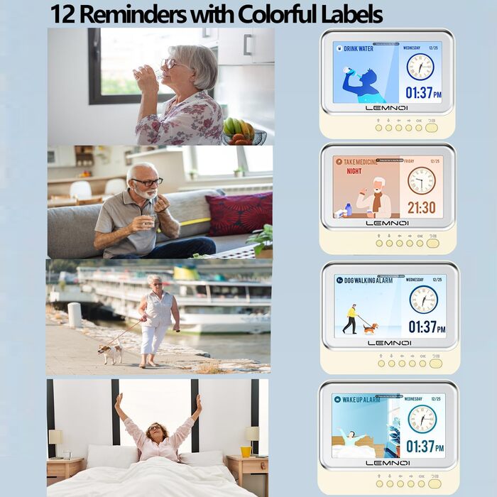 Lemnoi 7-Inch Digital Calendar, Senior Clock with Date and Day of the Week, Wall Clock for Dementia Patients with Temperature, 15 Alarms & Medication Reminder (white)
