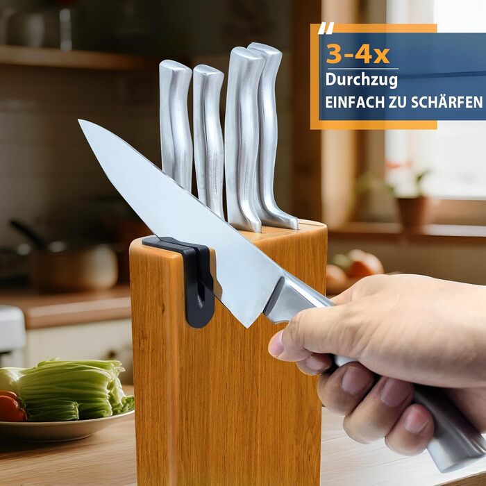 Fimaten 6-Piece Wooden Knife Block Set - Kitchen Knife Set with Chef's Knife, Santoku Knife, Bread Knife, Fruit Knife, Utility Knife & Sharpener