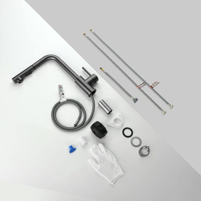 Змішувач кухонний висувний CECIPA з душем, нержавіюча сталь, 2 режими, 360° обертання, високий тиск, щіткова сталь (грашко-чорний)