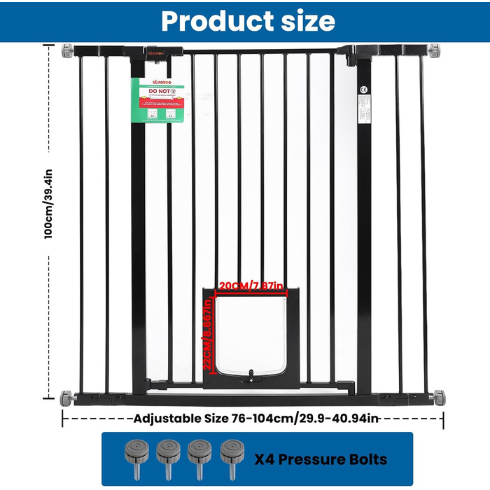 Дитячий захисний бар'єр UBRAVOO для дверей та сходів, 100 см, безпечний, автоматичне закриття, потрійна защіпка, ширина 76-104 см, чорно-білий