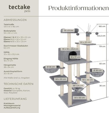 Тектейк® XXL Дерево для котів велике, з аксесуарами: лежанки, гамак, будиночок, іграшки, мотузка з сизалю, стійка для дряпання, висота 165 см, сірий | 402931