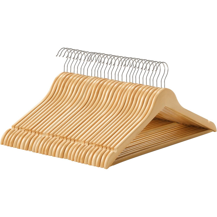 SONGMICS Wooden Clothes Hangers, 30-Piece Set, Solid Wood Hangers, Shoulder Indentations, Non-Slip Trouser Bar, 360° Swivel Hook, for Suits, Shirts, Natural Wood-Silver, CRW031NL