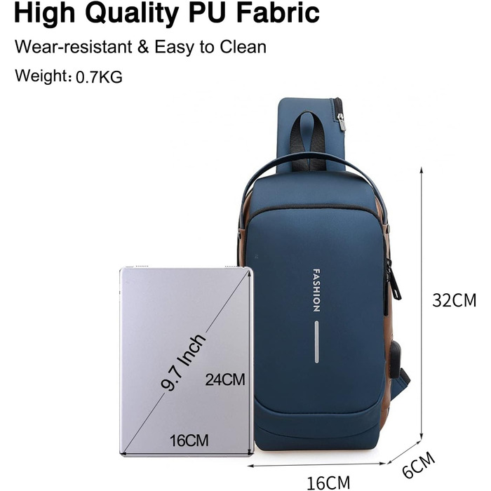 Сумка-слінг FANDARE 2026 з USB-зарядкою, захистом паролем та водонепроникним корпусом. Ідеальна для подорожей, прогулянок та бізнесу. Кілька відділень, зручна через плече, блакитна.