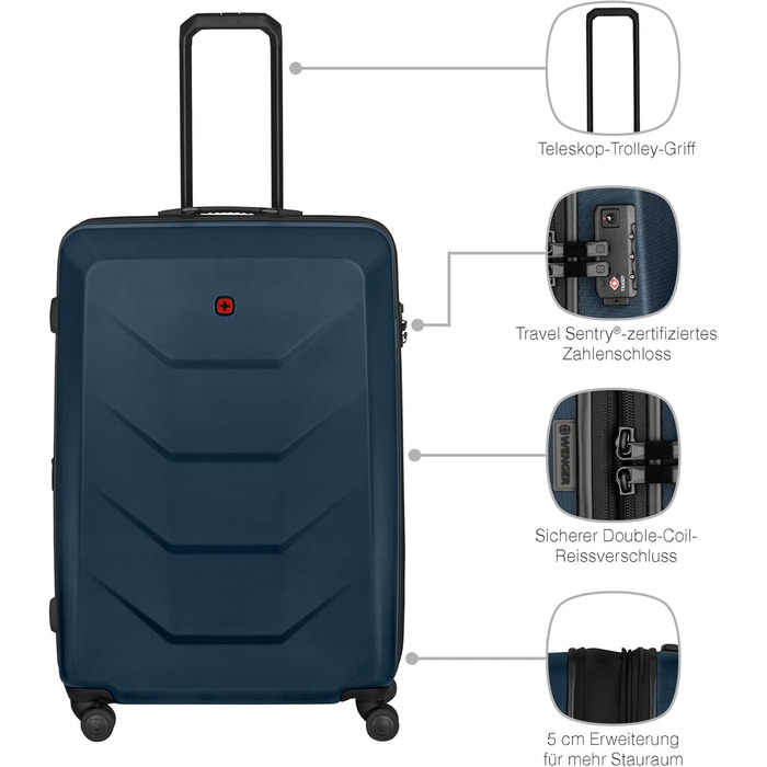 WENGER Pryo hard-shell suitcase with 4 wheels, trolley, medium-sized, 59 (67) l, security lock, for men, travel, vacation, 612537 (Blue, L)