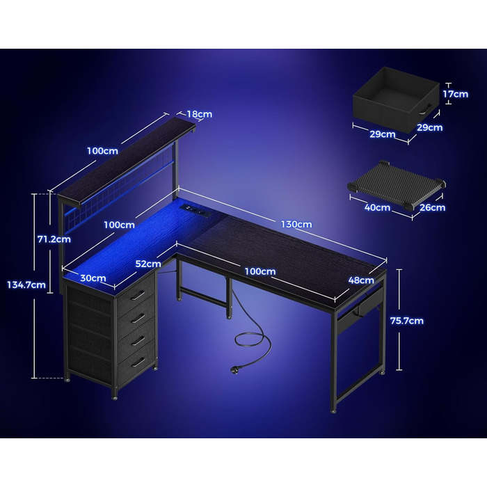 Ігровий стіл Coleshome з LED підсвічуванням, 130 x 100 см. Реверсивний стіл з шухлядами та розетками, кутовий стіл з полицею та місцем для зберігання, чорний
