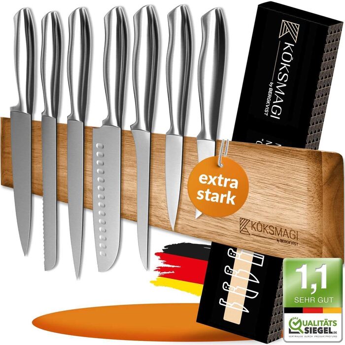 KÖKSMAGI® Magnetic Knife Strip OSKAR (40 cm) - magnetic wooden knife strip with an extremely strong magnet for heavy knives - self-adhesive (3M adhesive tape) & with drilling accessories